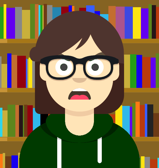 Cartoon avatar of a bespectacled brunette geek girl in a green hoodie in front of a bookcase